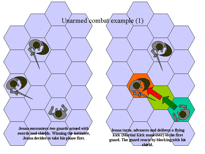 Jenna encounters two guards and delivers a flying kick to the first guard