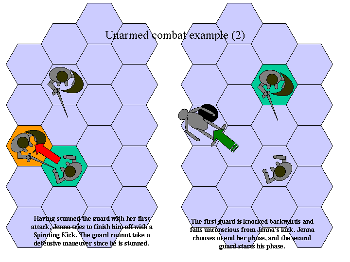 Jenna knocks out the first guard with a spinning kick