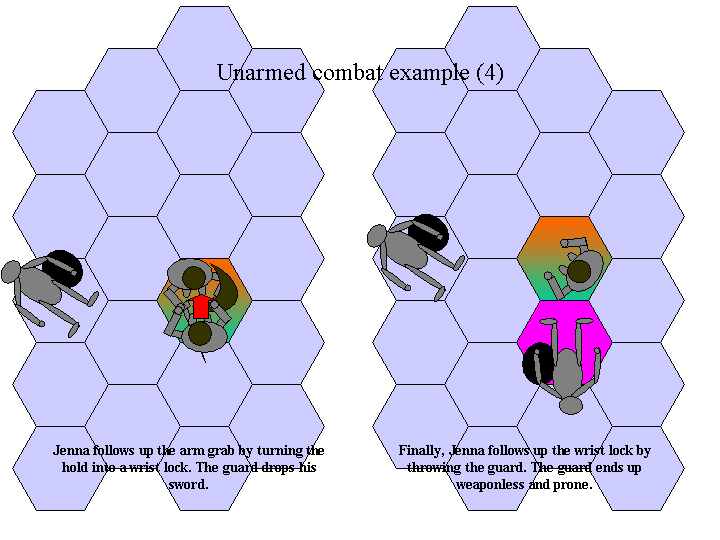 Jenna puts the guard's wrist in a nerve lock to disarm him and then throws him to the ground